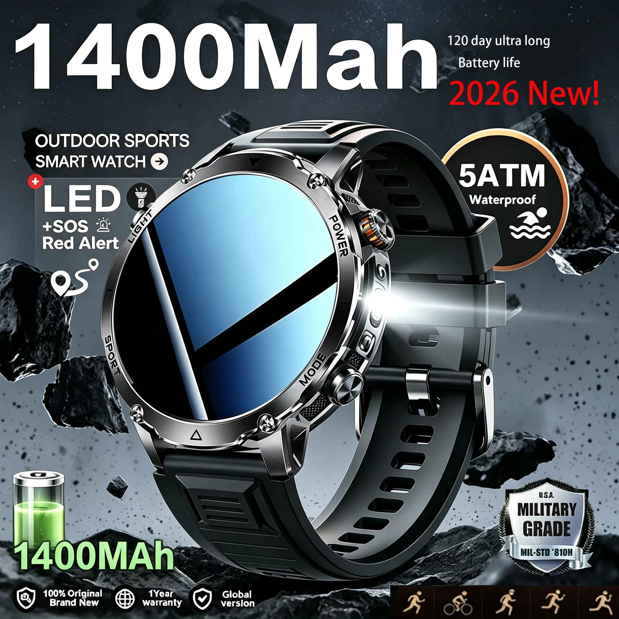 20261400mAh Battery Sport Smart Watch 1.7” SOS+Flashlight Exercise Record Bluetooth Call Waterproof Health Watch For Android ios