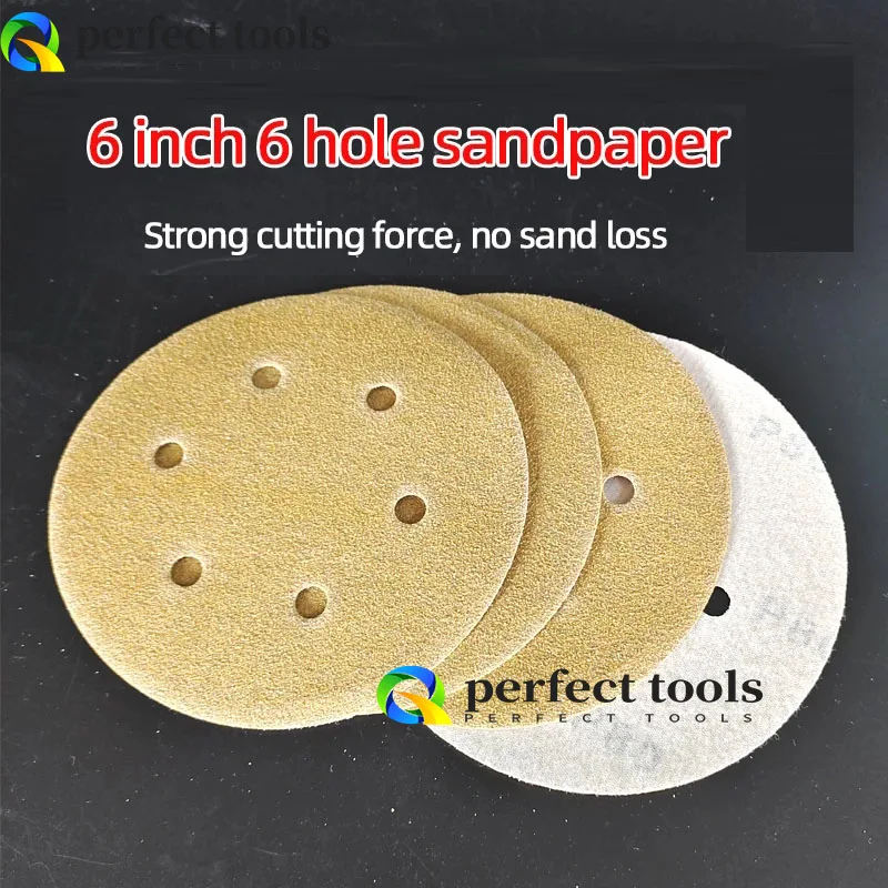 

100 Pcs 6 Inch 6 Hole Sanding Paper Round Self-adhesive Flocking Sanding Putty Pneumatic Sanding Machine Sandpaper 150mm