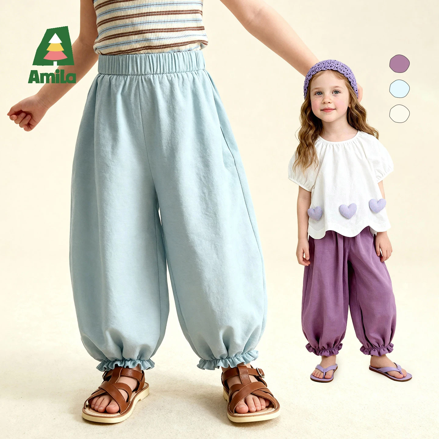 Amila 2026 Summer New Style Children's Mosquito Repellent Pants, Unisex, Loose-Fitting, Daily Wear, Pure Color, Casual Pants