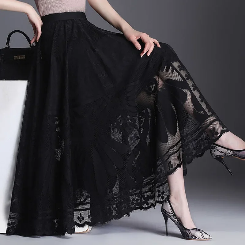 Elegant Lace Patchwork Black Skirts Spring Summer New Solid Loose Hollow Out A-line Skirt Fashion Temperament Women Clothing