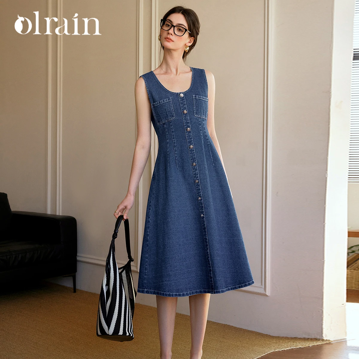 

OLrain Summer Midi Denim Dresses Woman 2025 Retro Sleeveless Blue Denim U-neck Fitted Tank Dress Women's Clothing O57XL96931