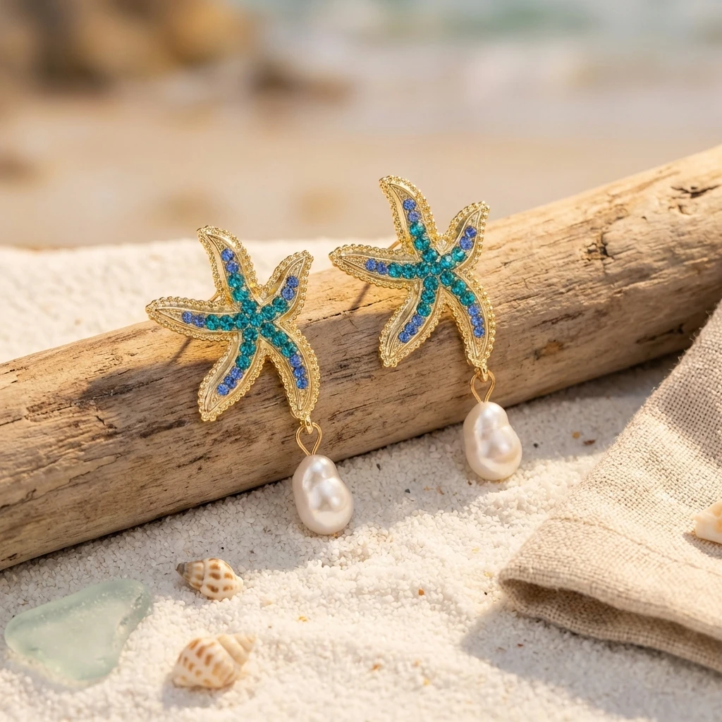 Trendige Barock-Imitationsperlen-Ohrhänger für Damen, Böhmische Blaue Strass-Seestern-Ohrstecker, Strand-Urlaubsschmuck – Detail 5