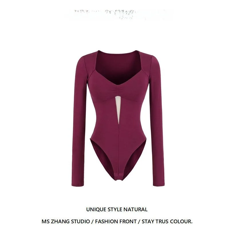 

American Design Sense Square Collar Long Sve Onesie Women's Waist Slimming Sexy Girl Inner Commute Sle T-irt Top