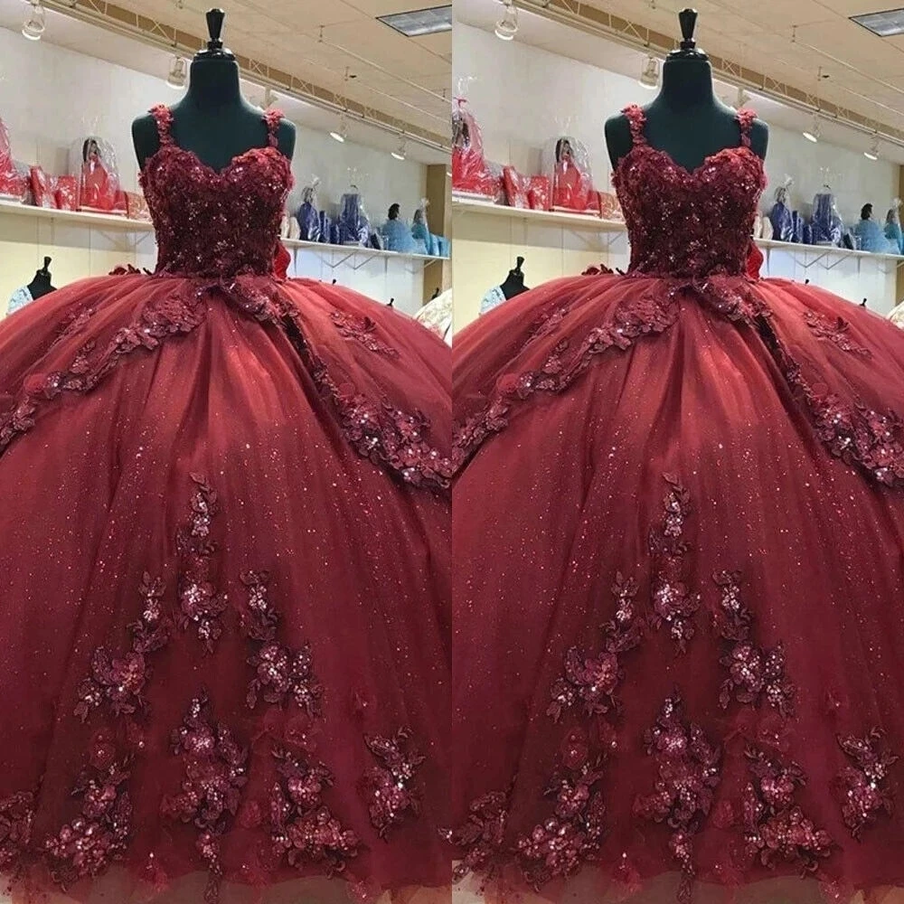 Burgundy Glitter Tulle Ball Gown Quinceanera Dresses Spaghetti Straps Appliques Vestidos De Baile Dress Girls Prom Pageant Gown