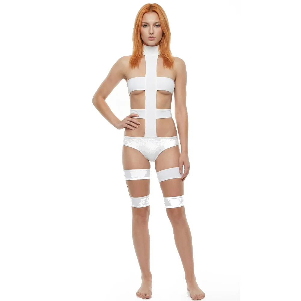 

The Fifth Element Leeloo Cosplay Jumpsuits Sexy Ladies White Bodysuit Woman Strapless Lanyard Tights For Halloween Night Club