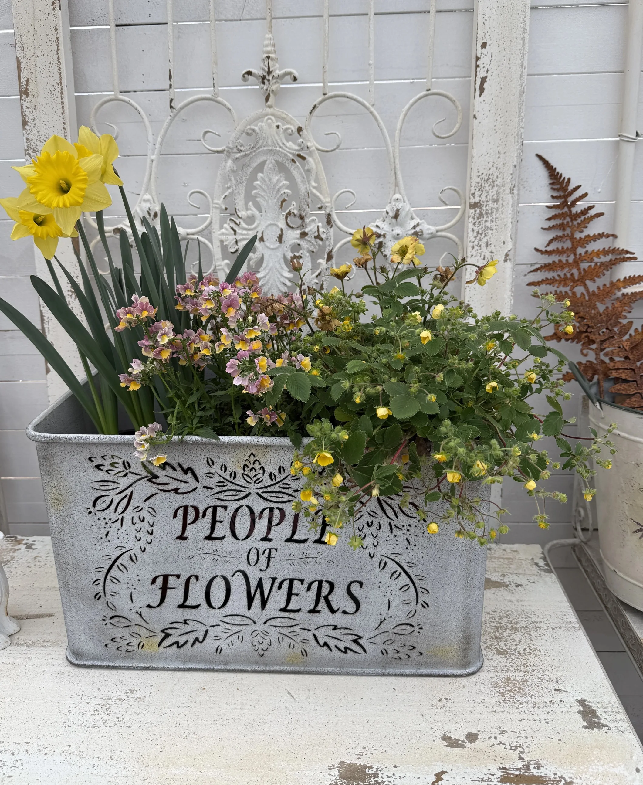 

Large Galvanized Metal Planter Box with Cutout Design, People of Flowers Text, 18.5x10x10.6 Inches, Rustic Farmhouse Style