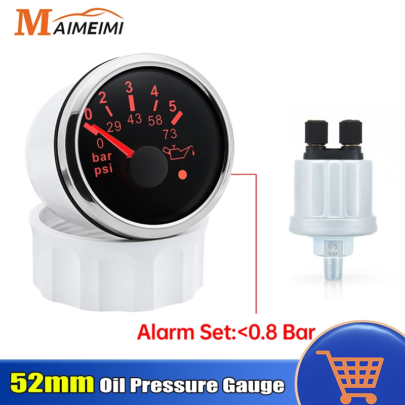 Medidor de presión de aceite, Sensor de presión de 52mm, 0-5bar, 0-10bar, psi, con alarma, luz roja para coche, barco, motocicleta marina, 12V, 24V