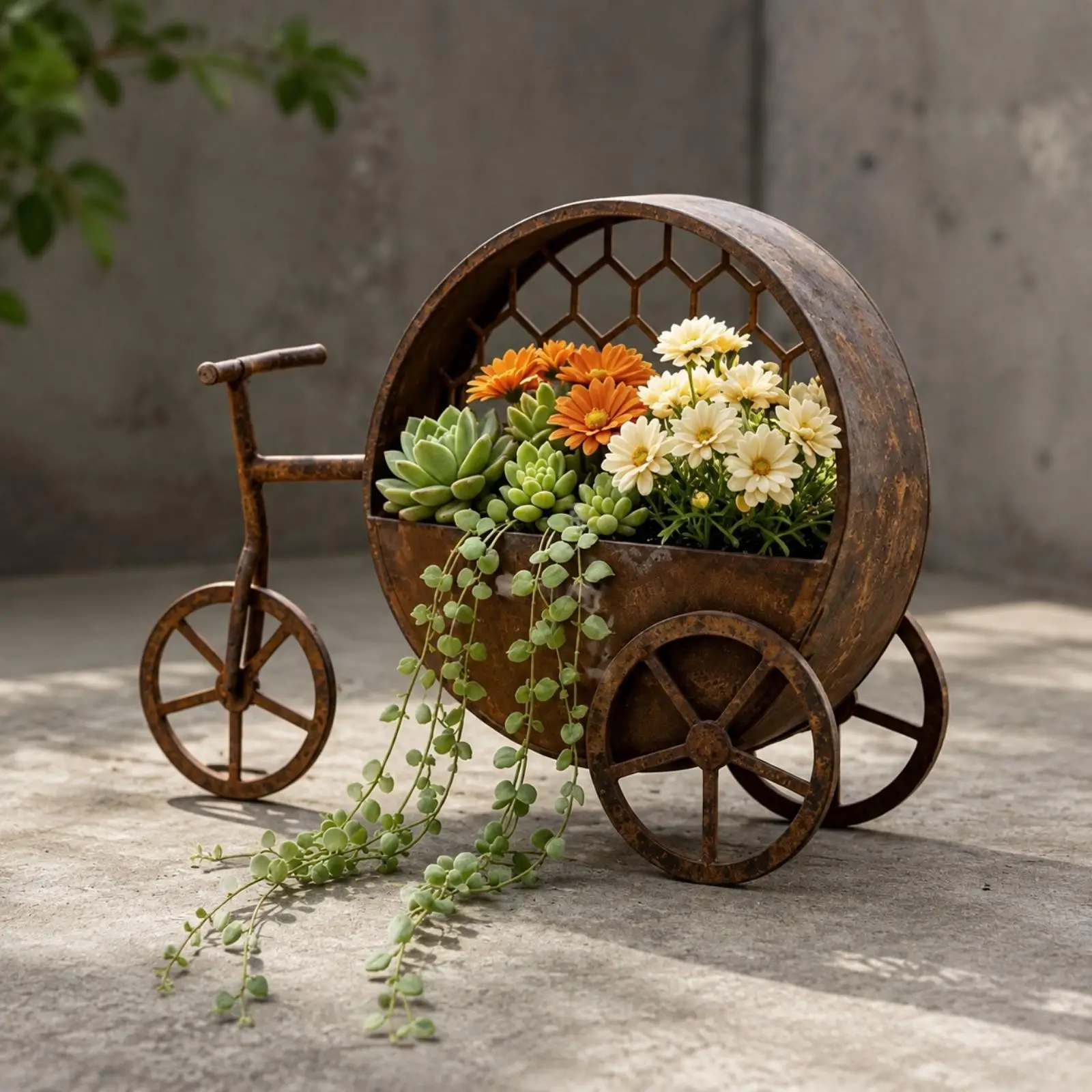Decorative Iron Tricycle Planter Stand on Wheels for Indoor Flowers Garden Decor Vintage Style