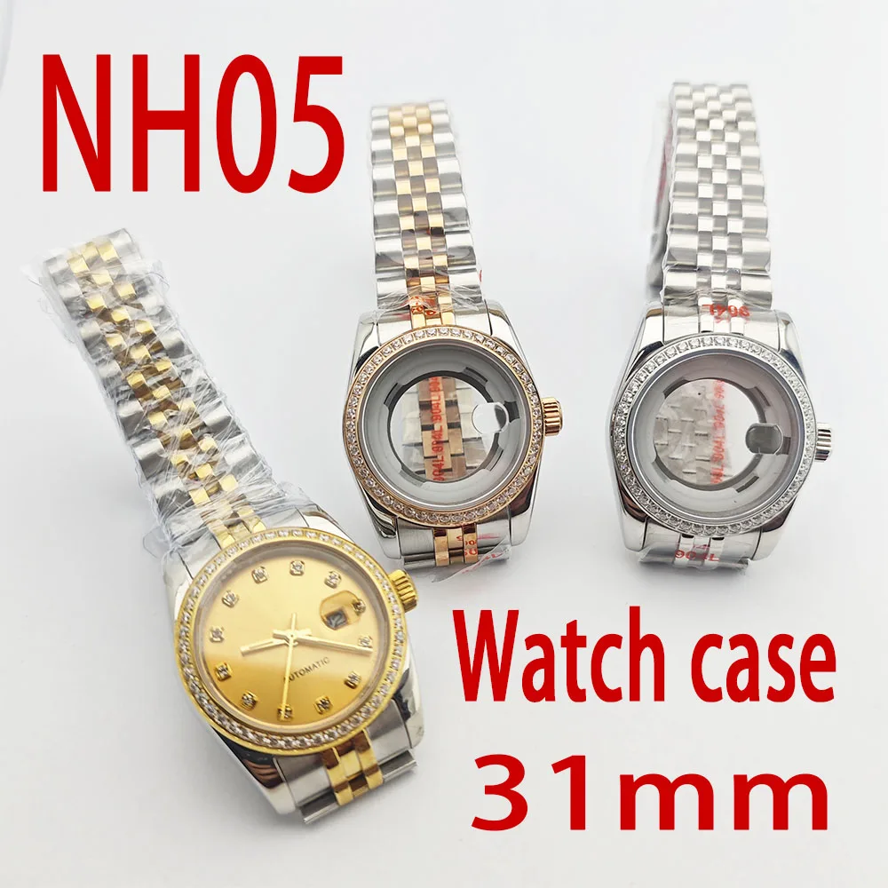 NH05 Watch case 31mm women's waterproof case Silver Diamond stainless steel strap Sapphire glass fit NH05 NH06 automatic movemen