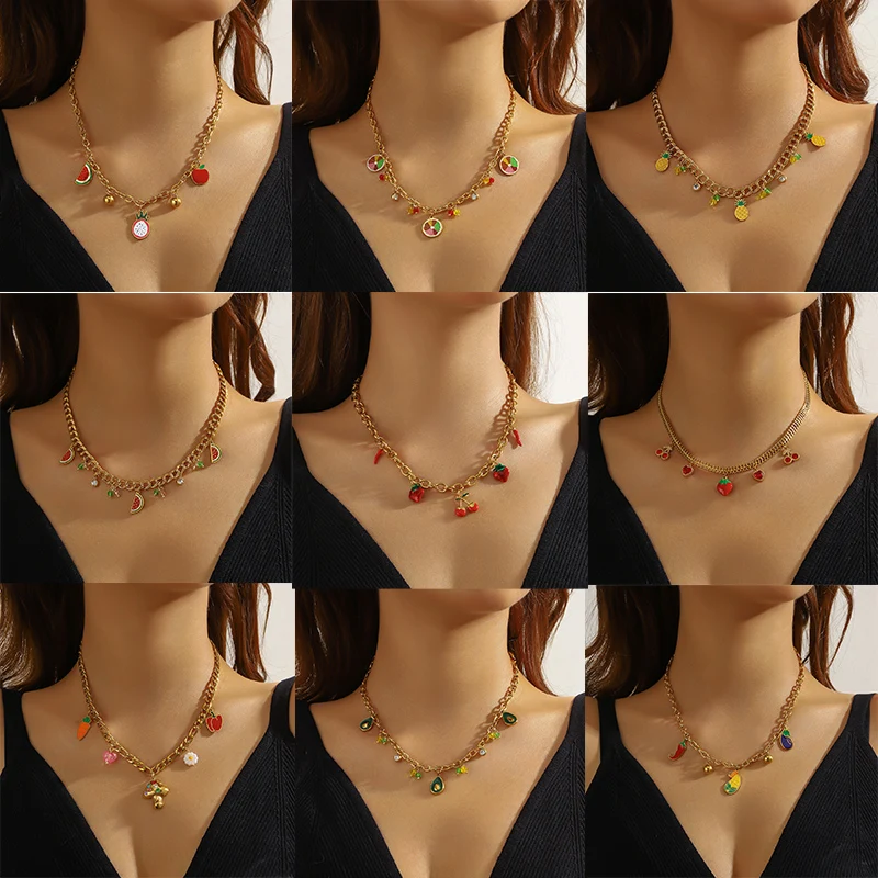 DIEYURO 316L Stainless Steell Cherry Strawberry Fruit Series Necklace For Women Lady New Fashion Neck Chain Jewelry Party Gift view 6
