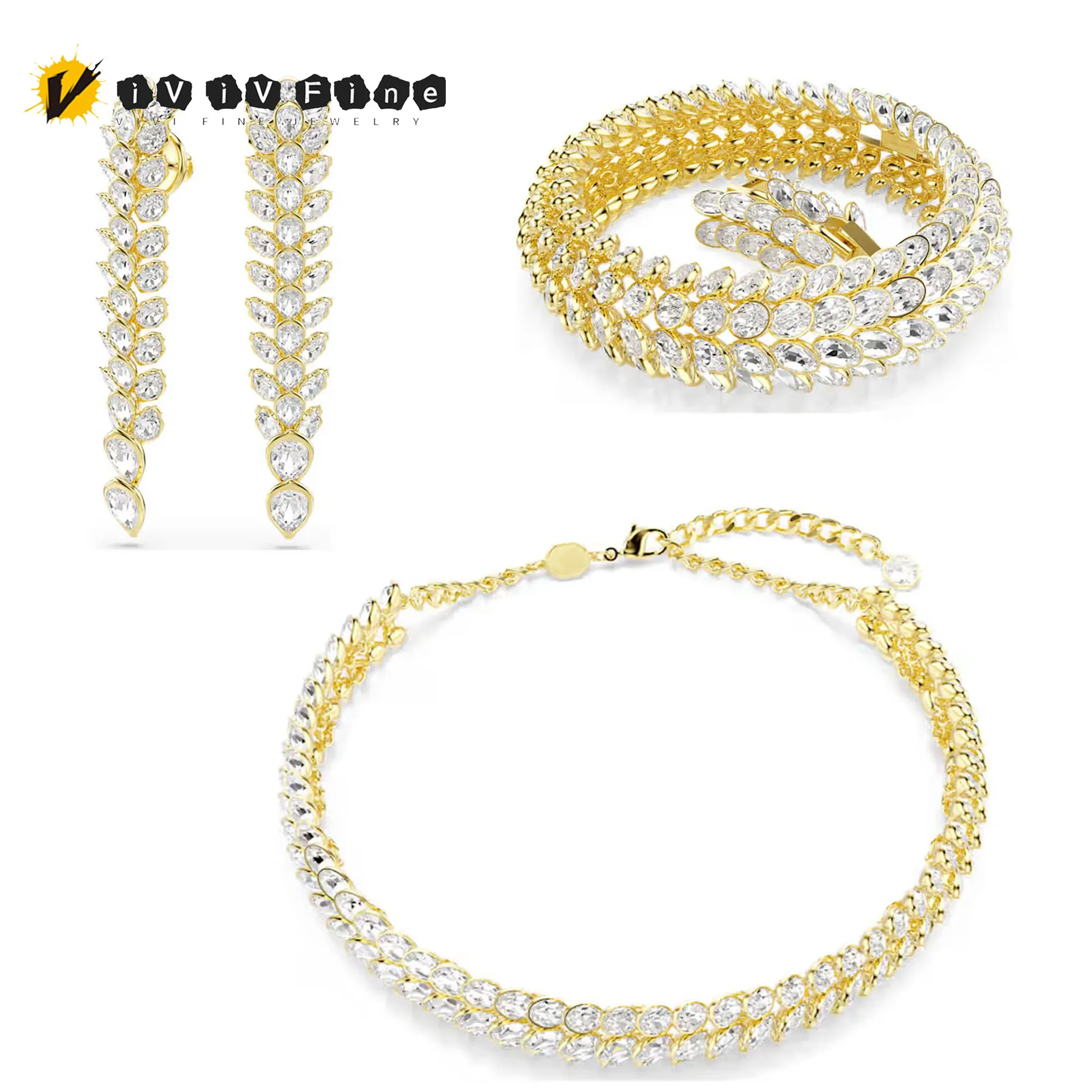 

2025 Original High-end Gold Shining Water Drop Crystal Jewelry Set Luxury Long Earrings Necklace Bracelet Women's Wedding Gift