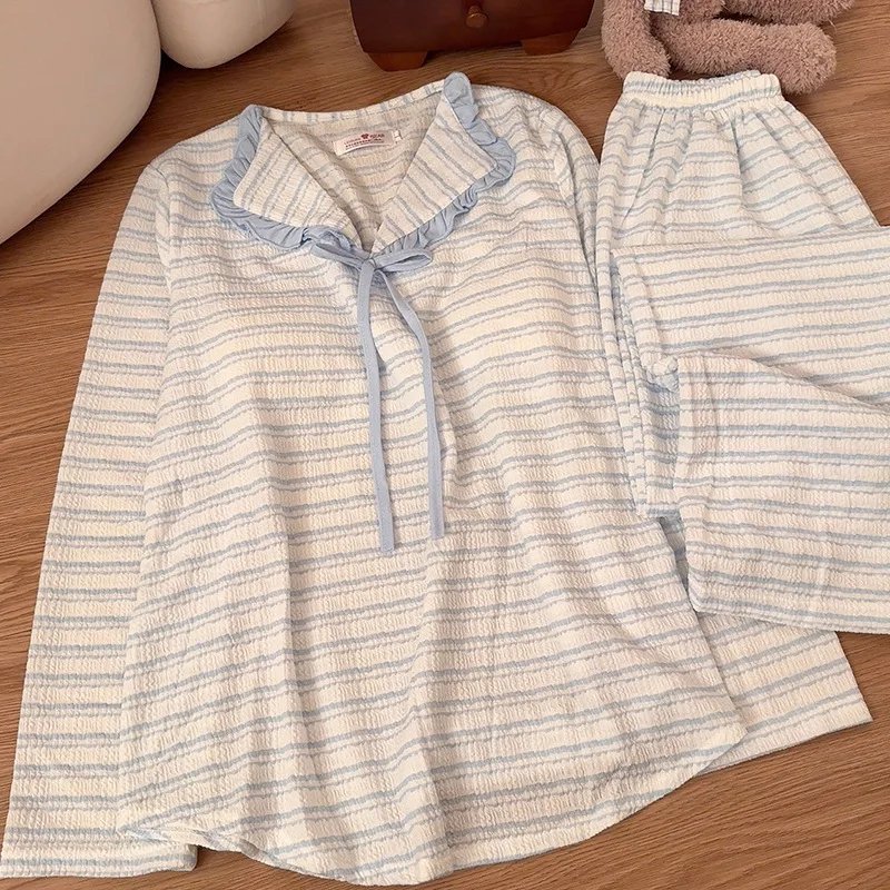 

Женские пижамы, модный полосатый комплект одежды для сна, хлопковые топы на груди с длинными рукавами, брючные комплекты, осенне-зимний домашний костюм для женщин