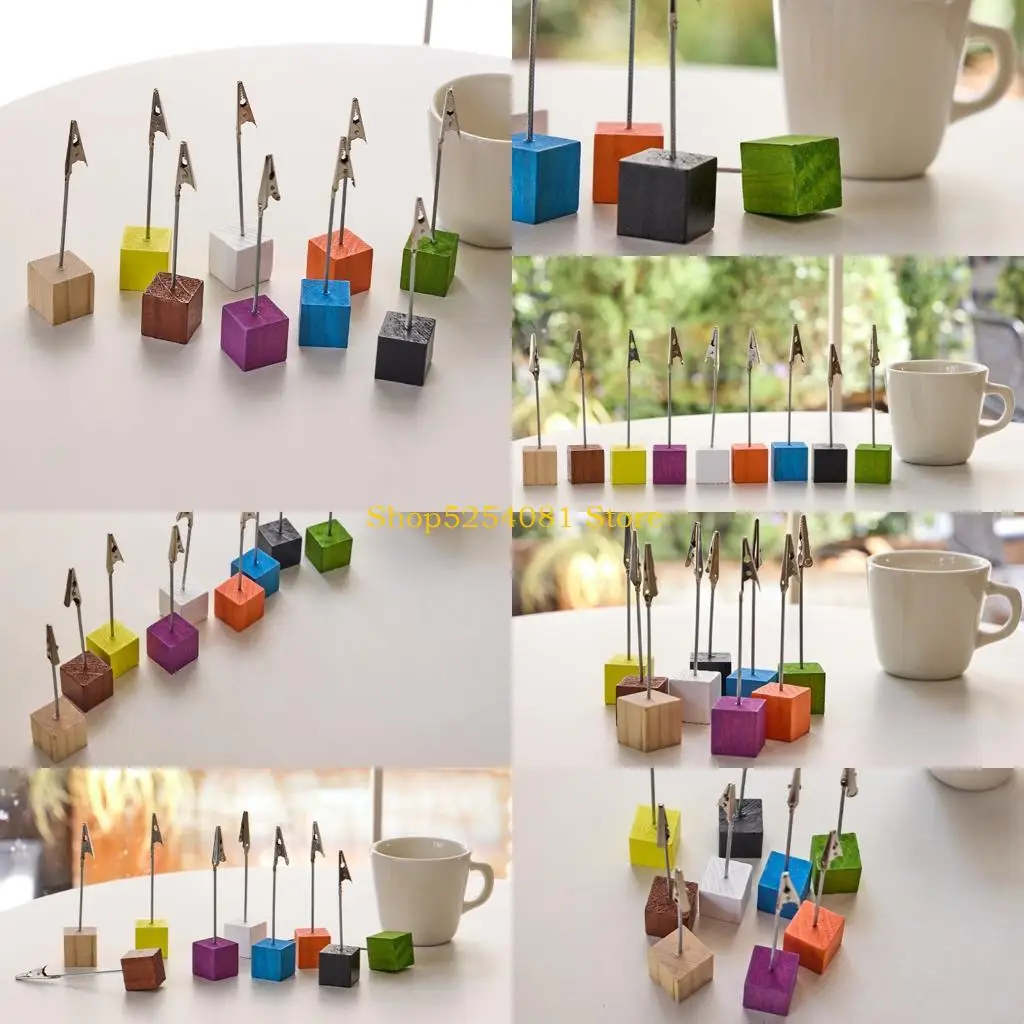 AXYC Photo Memo Clip Holder Stand Set of 9 with Multi Color Wood Cubes Base and Metal Alligators Clip for Tabletop Picture