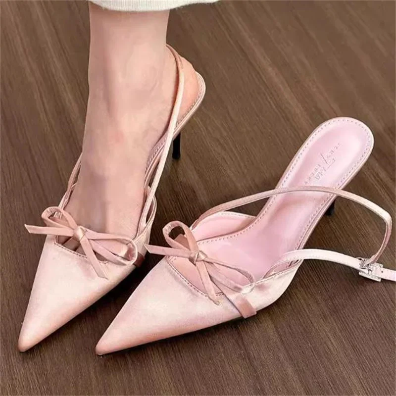 

Butterfly-knot Shoes For Ladies Pointed Toe Women Bow-tied High Heels Satin Female Sandals Back Strap Tacones Solid Chassure