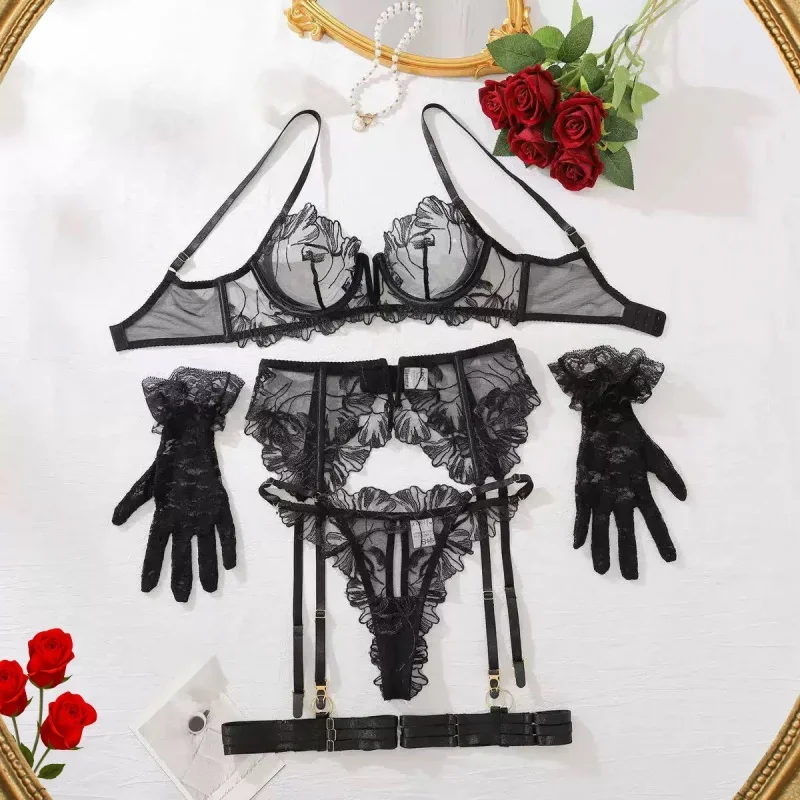 

Bikini Lace Bra Set Women's Swimsuit Garter Belt Gloves Five-Piece Set