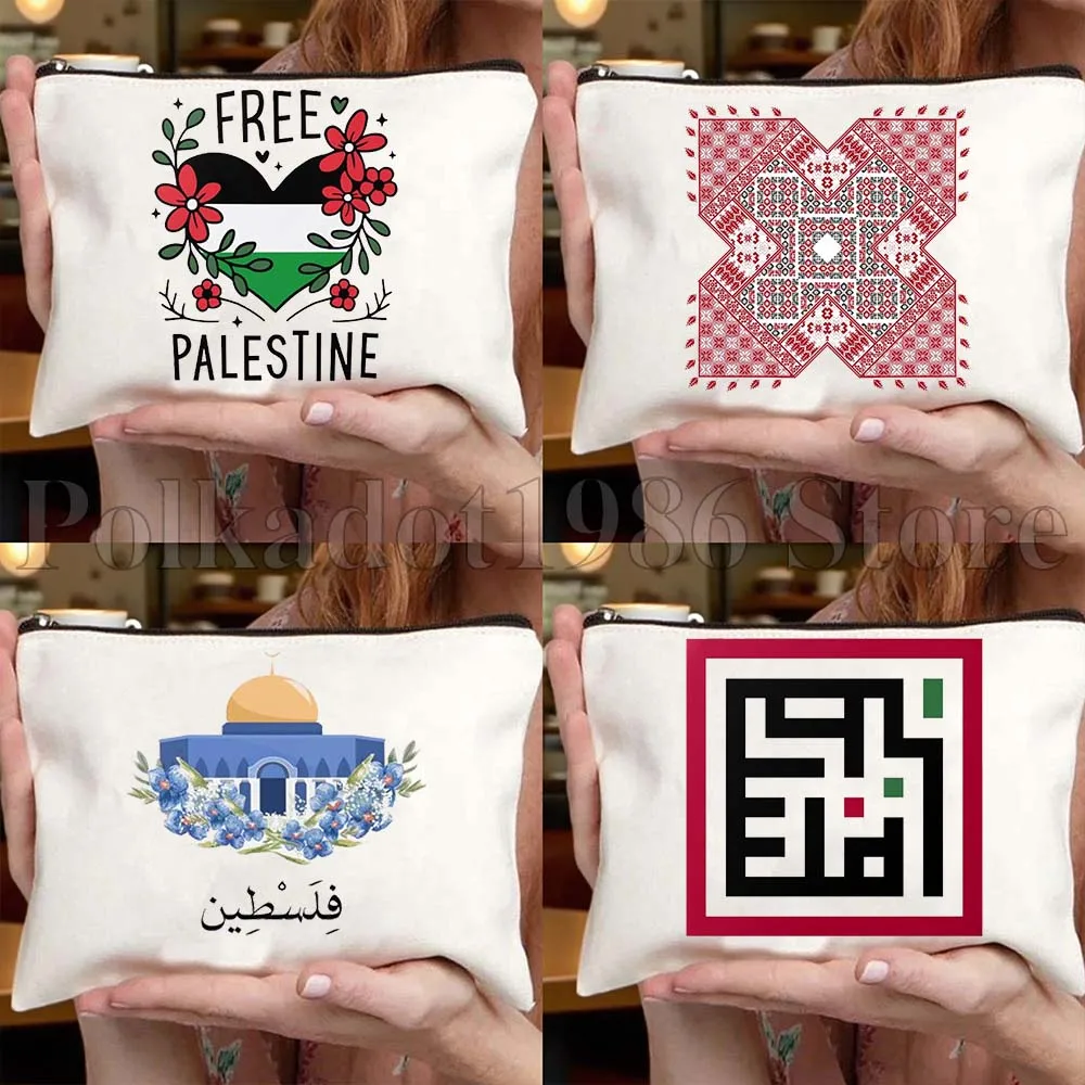 

Cute Floral Arabic Calligraphy Tatreez Embroidery Flag Canvas Bag Travel Cosmetic Bag Women Makeup Case Fashion Toiletry Bags