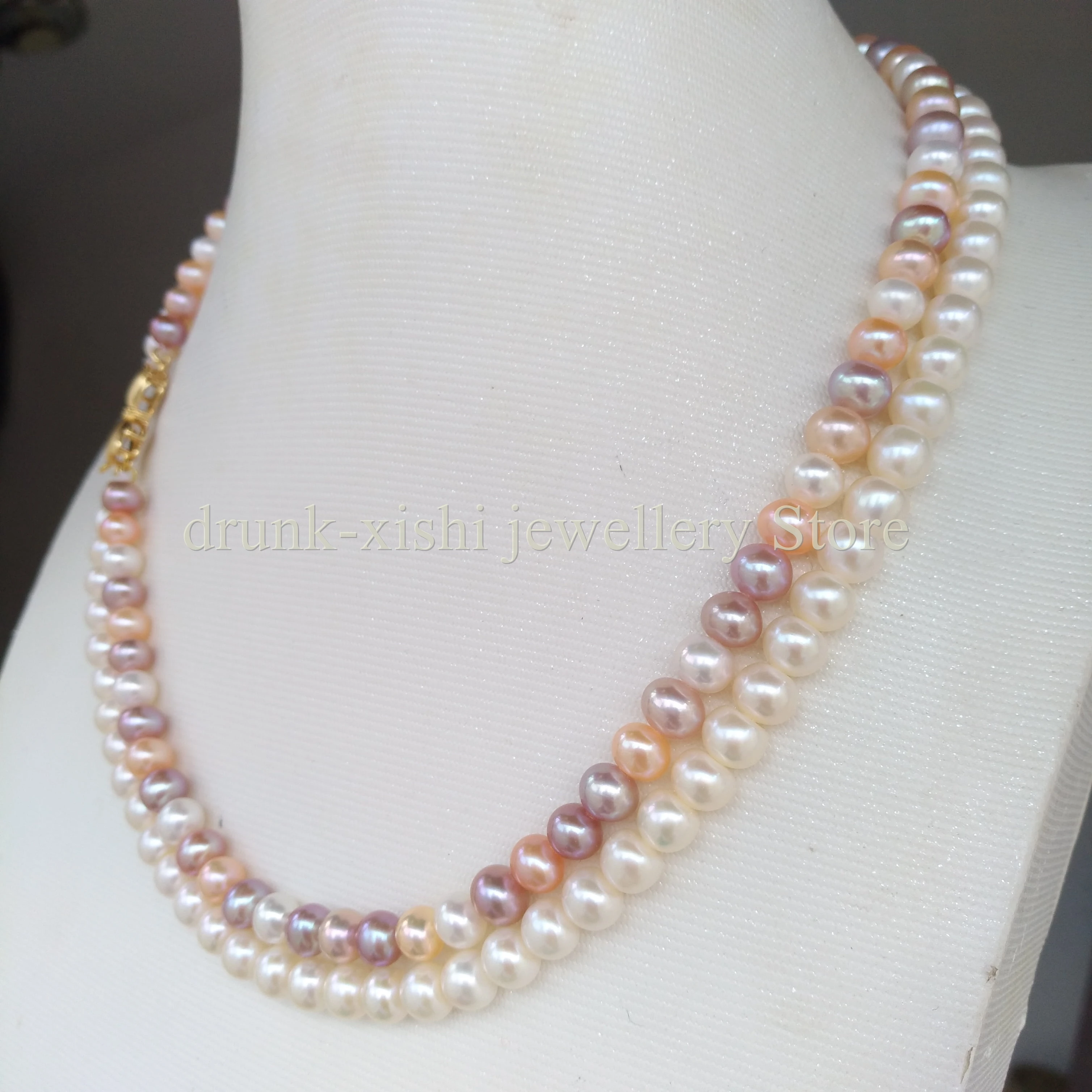 

Exclusive Bow Clasp 2 Rows Real 6-7mm Natural South Sea Multi-color Candy White Pink Purple Pearl Necklace 18'' Free Shipping