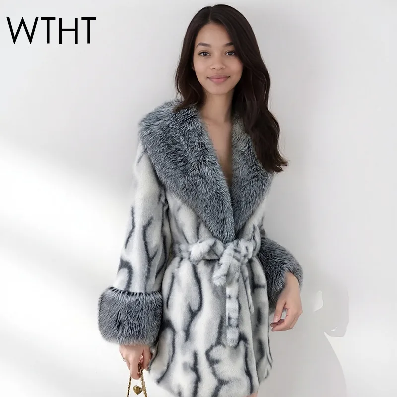 WTHT Trendy Women Irregular Print Patchwork Plush Fake Fur Warm Jacket 2025 Winter Fashion Lapel Long Sleeve Coat Female 1LS2724