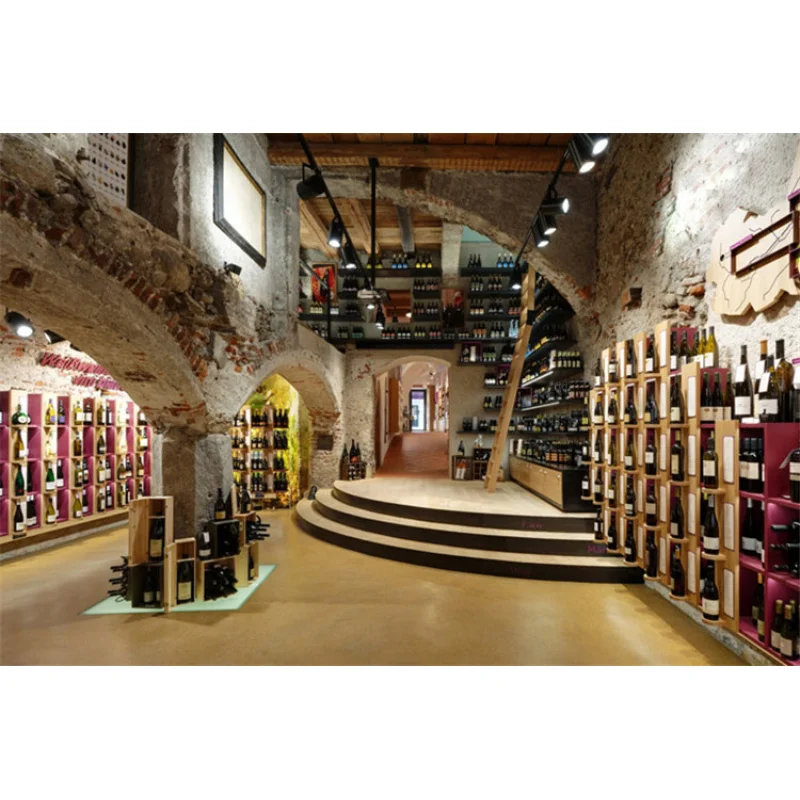 （customized）Customized  Wine Shop  Display Wooden Wine Furniture Rack Wall Mounted Design Large  Fixture Wine Cellar Shelves