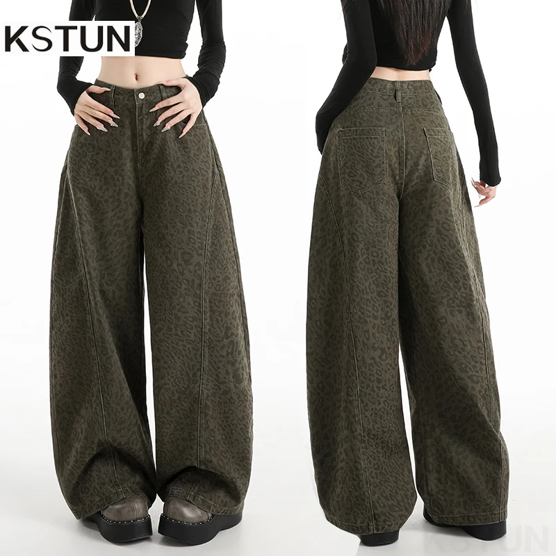 KSTUN 2026 New Women Green Leopard Print Jeans Wide Leg Baggy Pants Loose Vintage Hot Girls Casual Long Trousers 100% Cotton