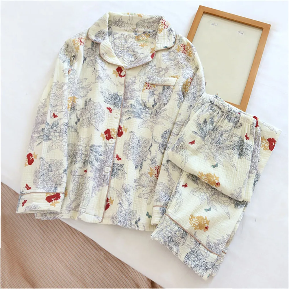 

Japanese Summer Print Women's Pajama Set Cotton Crepe Long sleeved Pants Cardigan Cute Homewear
