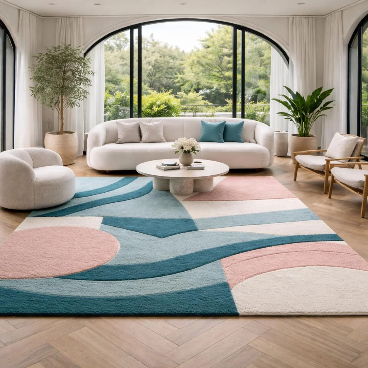 Room Decor Rug  Blue Pink H1and Tufted Wool Rug, Oversize Large Mid Century Modern Abstract living Room Luxury DE1cor
