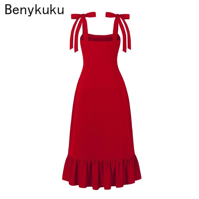 Cinghie con nodo rosso solido Abito lungo da ballo alto basso da donna Elegante volant da cocktail Abiti da compleanno Abiti da sera elasticizzati da donna