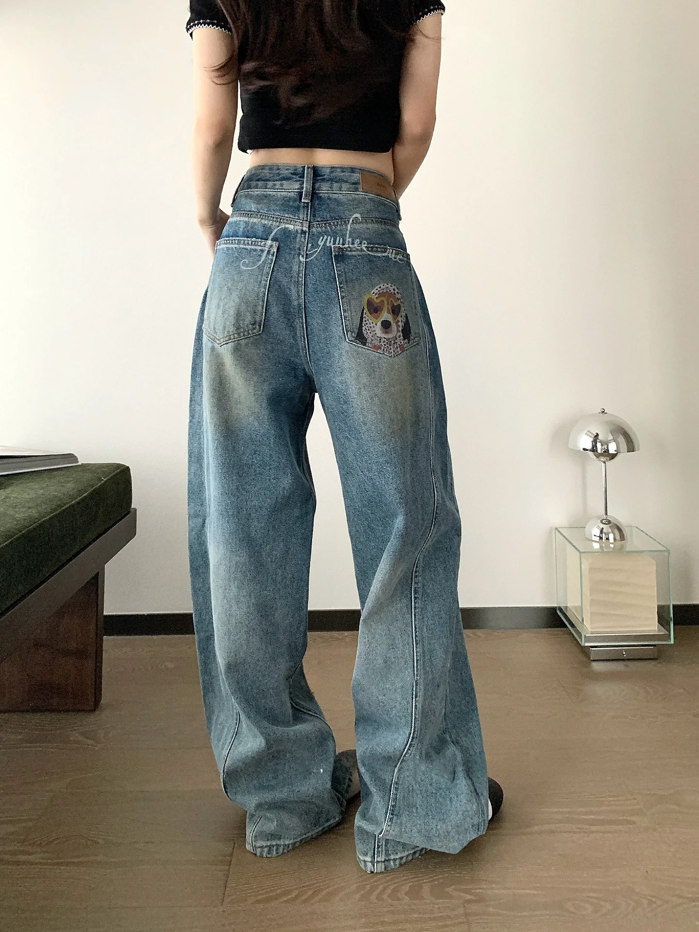 

Nrtw Li Jia En Hand-Painted Print Hole Worn American Retro Wide Leg Jeans Women Spring Summer New Sle Loose Fit Denim