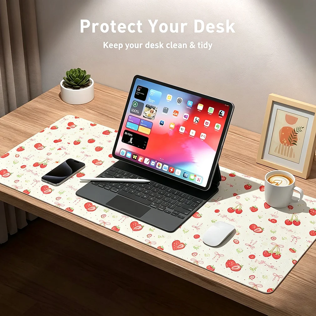 Pink Polka Dots Strawberry Bow Leather Desk Pad Protector Y2K Mouse Pad Office Desk Mat Waterproof Non-Slip PU Desk Blotter Pad