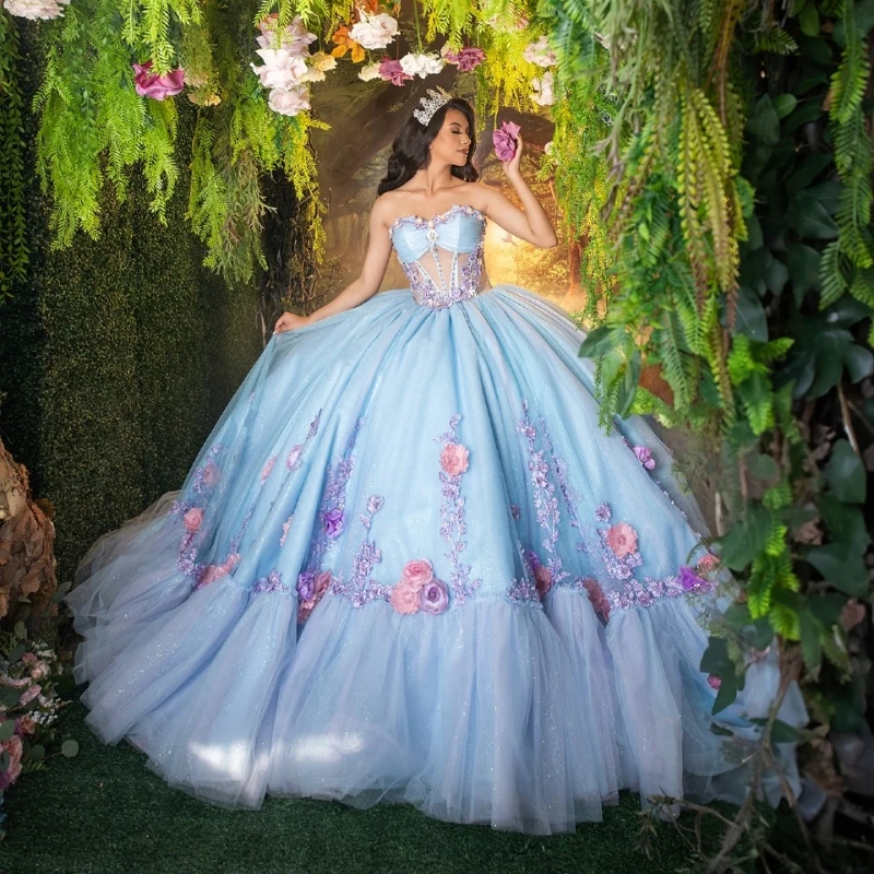 

Sky Blue Shiny Princess Sweet 16 Dress Dress Quinceanera Dresses Applique Flower Beads Corset Tull Party Birthday Vestidos 15