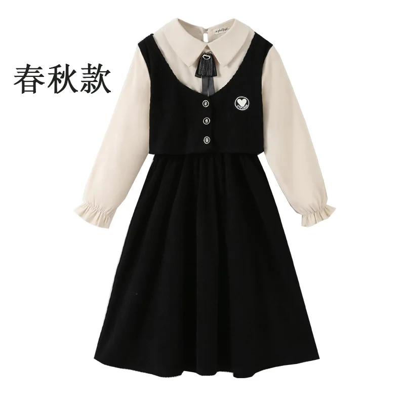 Girls' Long Sleeve Dress Fake Two-Piece Stylish Princess Dress2025Spring Girls' College Style Slim Skirt