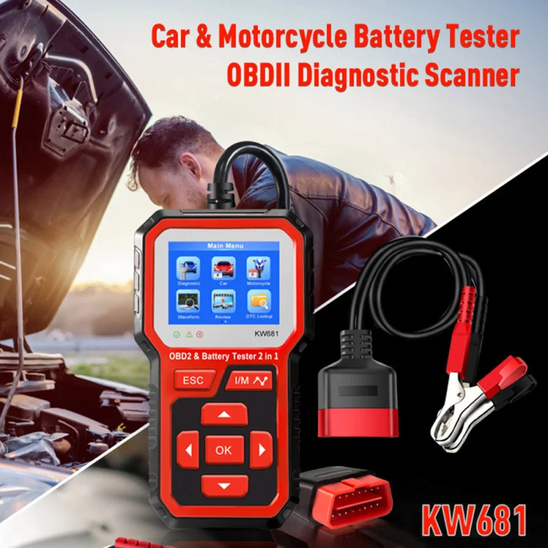 KONNWEI KW681 Battery Tester ELM327 for 6V-12V obd 2 Motorcycle Auto Diagnostic Tool 2in1 2000 CCA Car OBD2 Scanner