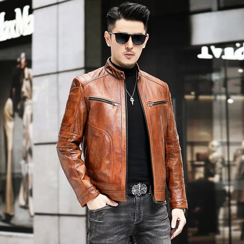 

2023 New Single Piece Leather Coat Men's Standing Collar Street Fashion Motorcycle Leather Jacket Motorcycle Thin Coat