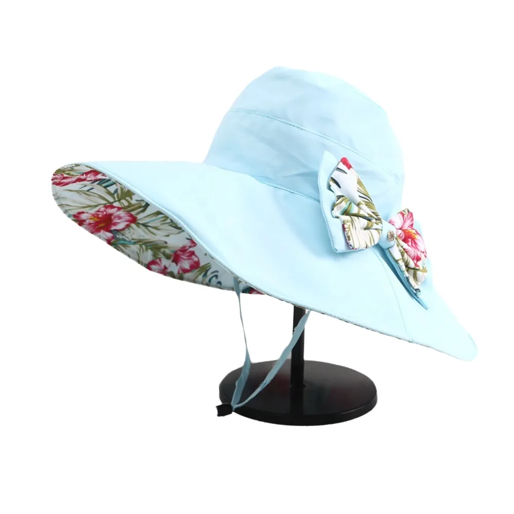 

UV Protection Floral Collapsible Sunhat Double Side Wear Super Large Brim Sun Protection Cap Bowknot Beach Fisherman Hats Female