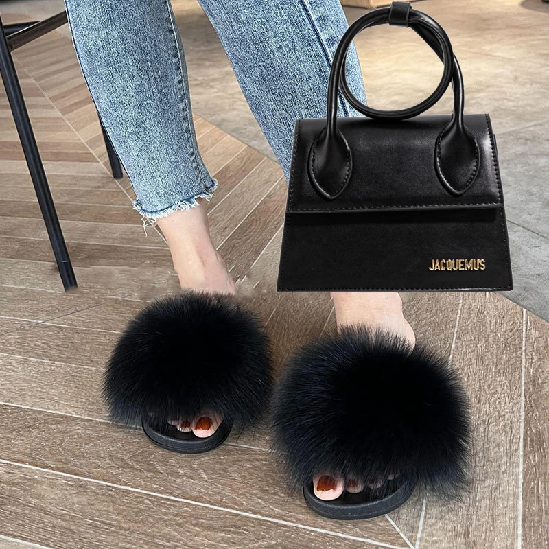 Summer New Real Fox Fur Slippers For Women Anti Slip Real Fur Slippers With Colorful Soles And Shoulder Bags In The Same Color