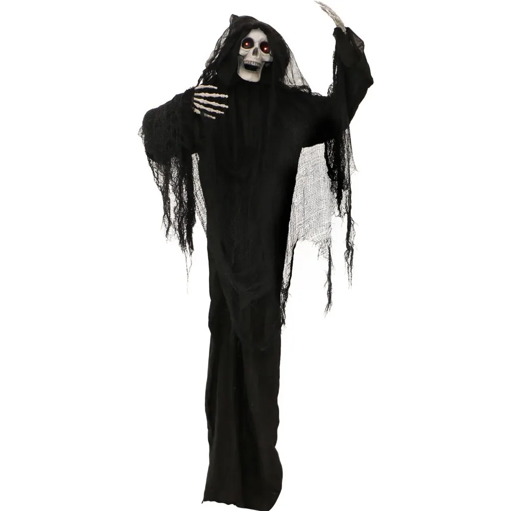 

Life-Size Animatronic Scary Talking Grim Reaper with Touch Activated Lights and Sounds, Covered Outdoor Halloween Decorations