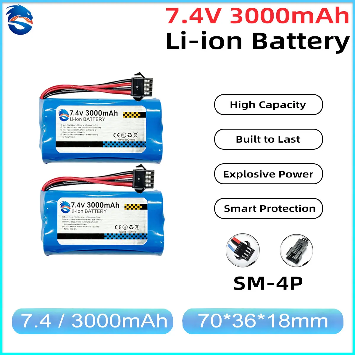 Skymaker 7.4V 3000mAh 2S Li-Ion Battery 15C With SM4P Plug for WPL Model C24-1 C14 C54 B24 B36 RC Car Upgrade Parts
