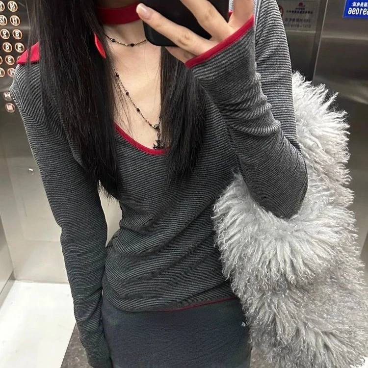 

Американские винтажные полосатые футболки с v-образным вырезом Y2k E-Girl, топы с тонкой талией, женские топы, новинка весны 202, футболка с длинными рукавами