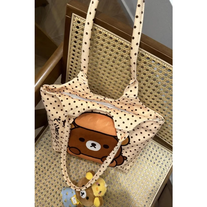 Torba na ramię Y2K Rilakkuma z ilustracją, wzór w kropki, nadruk kreskówkowy, na jedno ramię, studencka, zapinana na zamek, do dojazdów do pracy, o dużej pojemności, nowa.