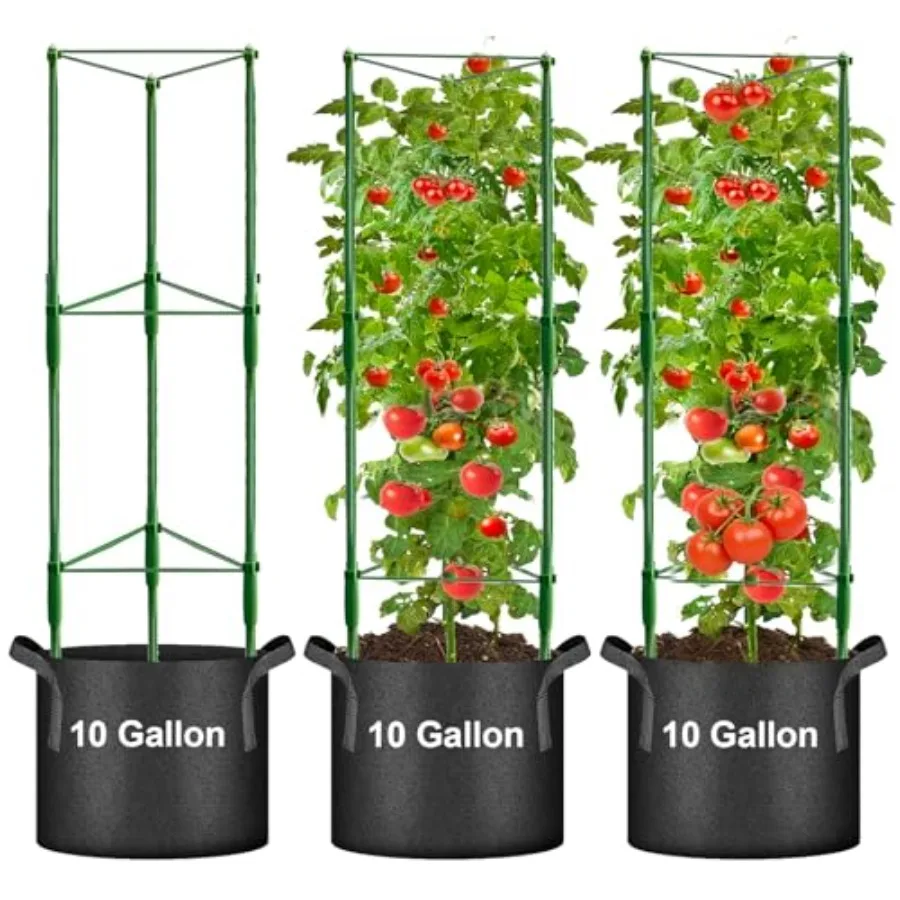 

3 Pack Tomato Cage with 10 Gallon Grow Bags, 48" Height Adjustable Tomato Trellis with 65Ft Twist Tie, Heavy Duty Tomato Cages