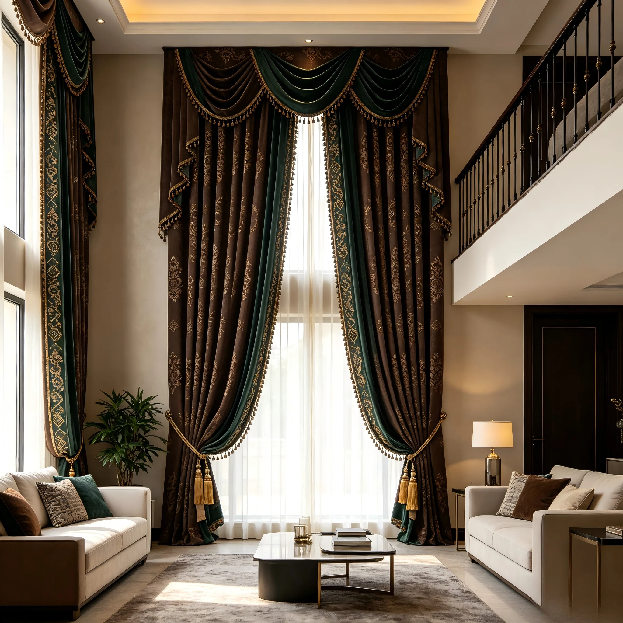 200340  Duplex high window: Deep coffee high-precision x dark green velvet, classical rolled grass/gold wire jacquard curtains