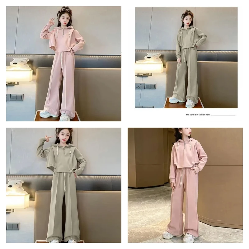 

Kawaii модный спортивный костюм для девочек, комплект со штанами, студенческий весенне-осенний повседневный топ с капюшоном, длинные штаны, комплект из 2 предметов, детская одежда, новинка