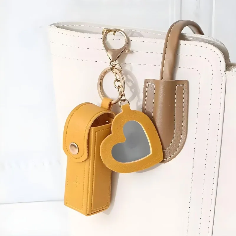 Portable Lipstick Organizer with Heart Mirror Cute Keychain Compact Makeup Bag for Lip Gloss Protection