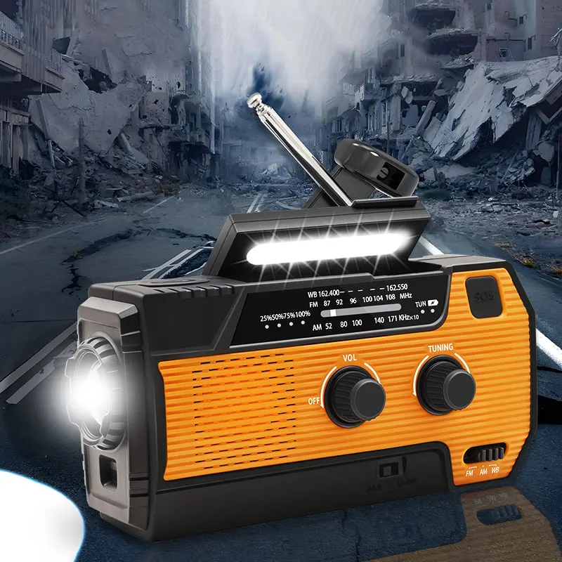 FM Radio Weather Receiver 4000mAh Multifunctional Solar Hand Crank Radio USB Charging Emergency Radio LED Flashlight Power Ban