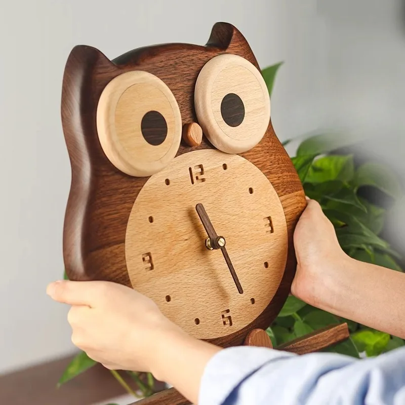 Solid Wood Wall Clock Art Creative Cute Owl Wall Clocks Children Noiseless Pointer Walls Clock Living Room Bedroom Decoration