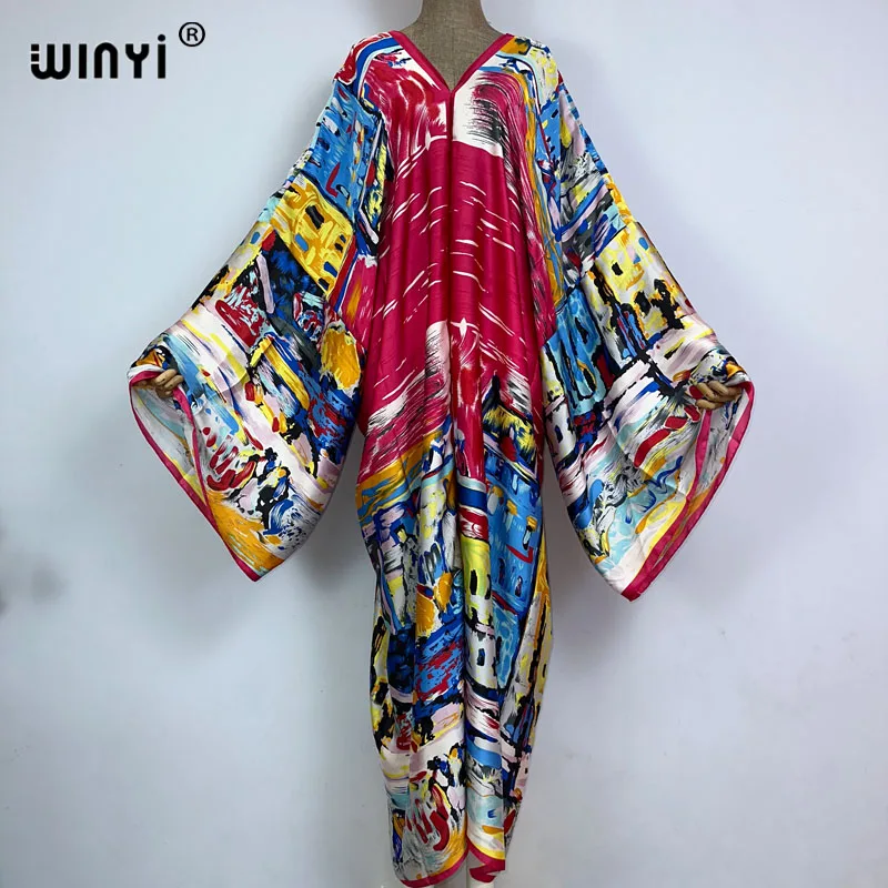 Winyi Nieuwe V-Hals Afrika Mode Vrouwen Sexy Boho Casual Zijde Vintage Print Avond Feest Strand Cover Up Lange Maxi Jurk