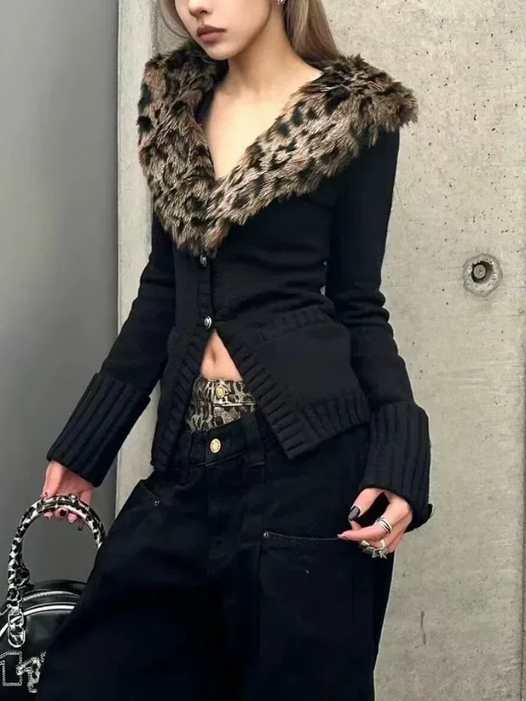 DEEPTOWN Leopard Cardigan Women Japanese Gyaru V-neck Long Sleeve Streetwear Slim Sexy Cardigan Sweater Y2k Vintage Top Autuam