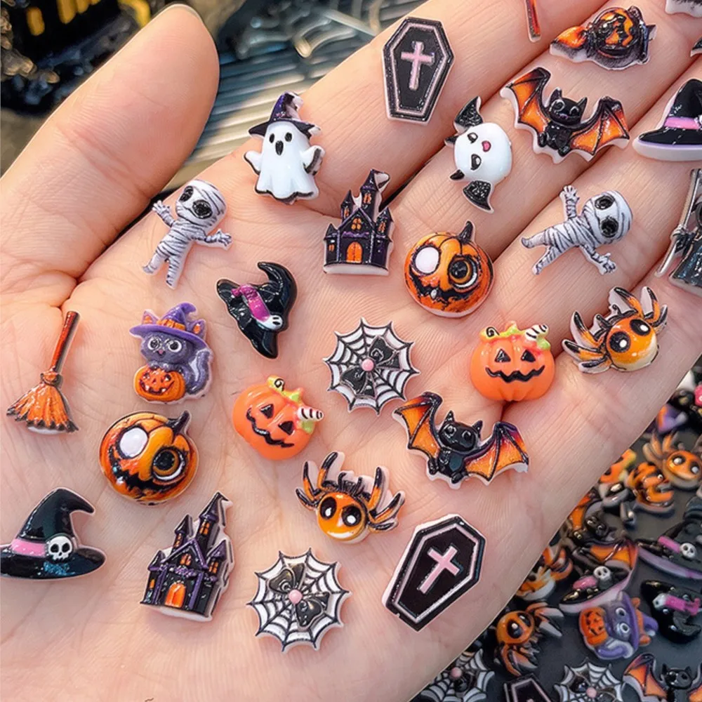50PCS Mix 3D Halloween Resin Nail Charms Cute Pumpkin Ghost Bat Witch Spider Castle Nail Art Decorations DIY Manicure Ornaments