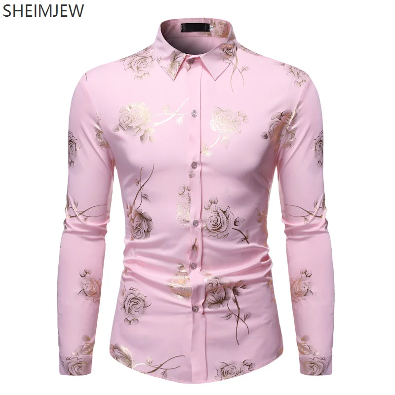 New Men's Gold Rose Floral Print Shirt Adult Floral Steampunk Petticoat White Long Sleeve Wedding Party Hot Stamping Camisole