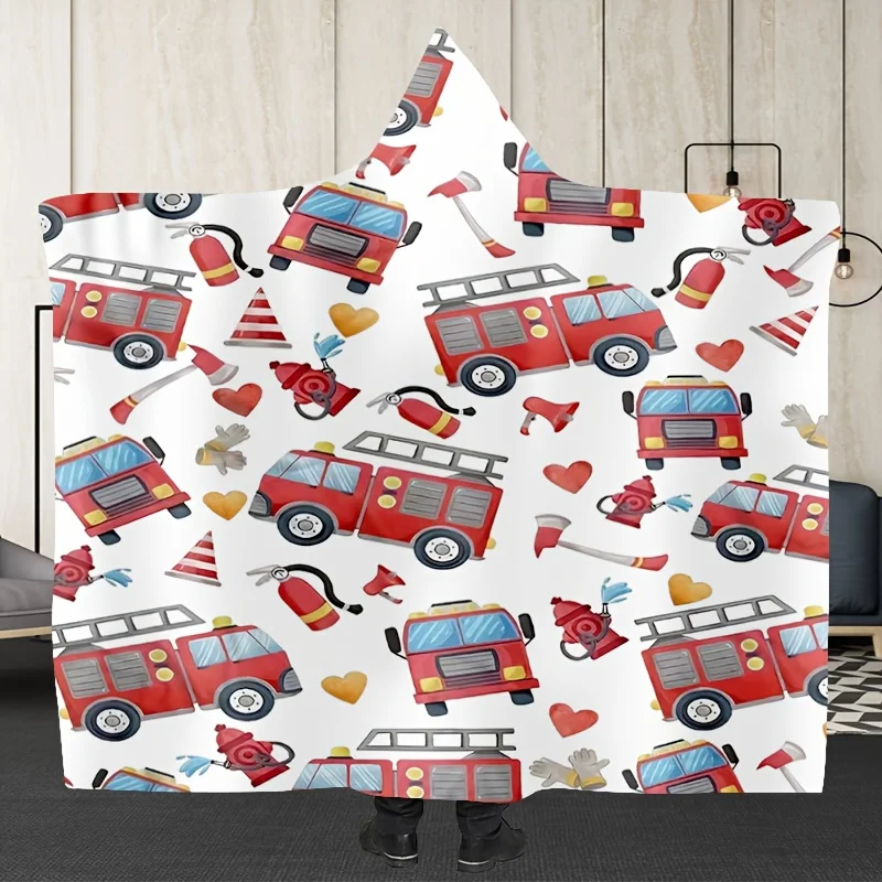 Flannel Digital Print Flannel Hooded Cape Style Lazy Cute Gift Red Fire Truck Print Blanket Comfortable Soft Warm Cover